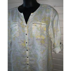 JM Collection Sz 14 100% Linen Roll Tab Sleeve Tunic Button Front EUC